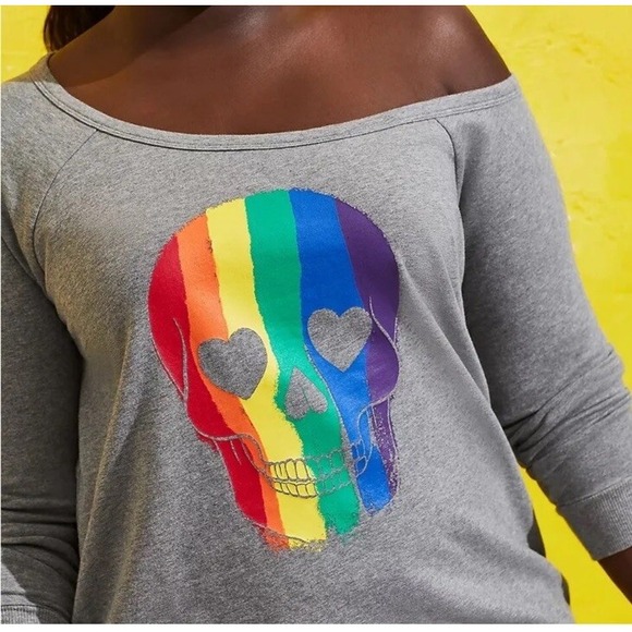 Torrid Pride Sweatshirt Gray Rainbow Skull Off The Shoulder Size Large - Picture 1 of 5